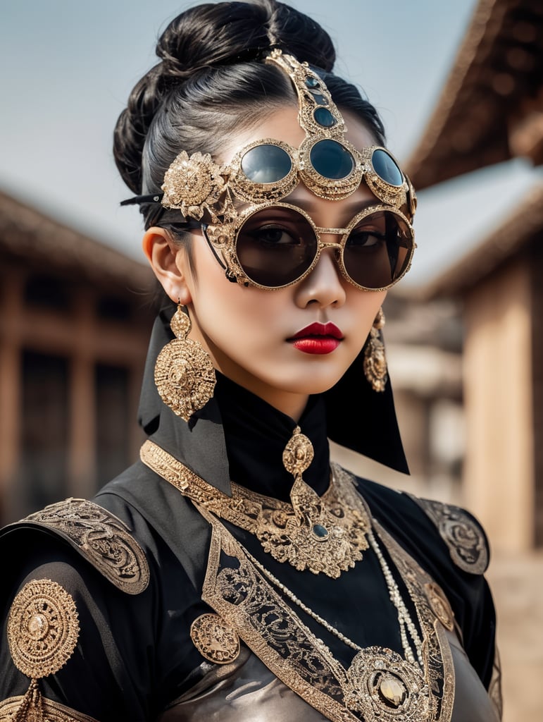 Jeweled mask, solarpunk travaler, futuristic mongolian nomad, traditional japanese outfit, gothic, avant garde glasses, technical outfit, construction worker, full body, women posing, epic portraiture, culturally diverse elements, full body, award winning photography, tinted light, modern african high fashion, futuristic experimental fashion photograghy, gothic avant garde, religious iconography, thick jewelry, abstract painted dress, matt black mask