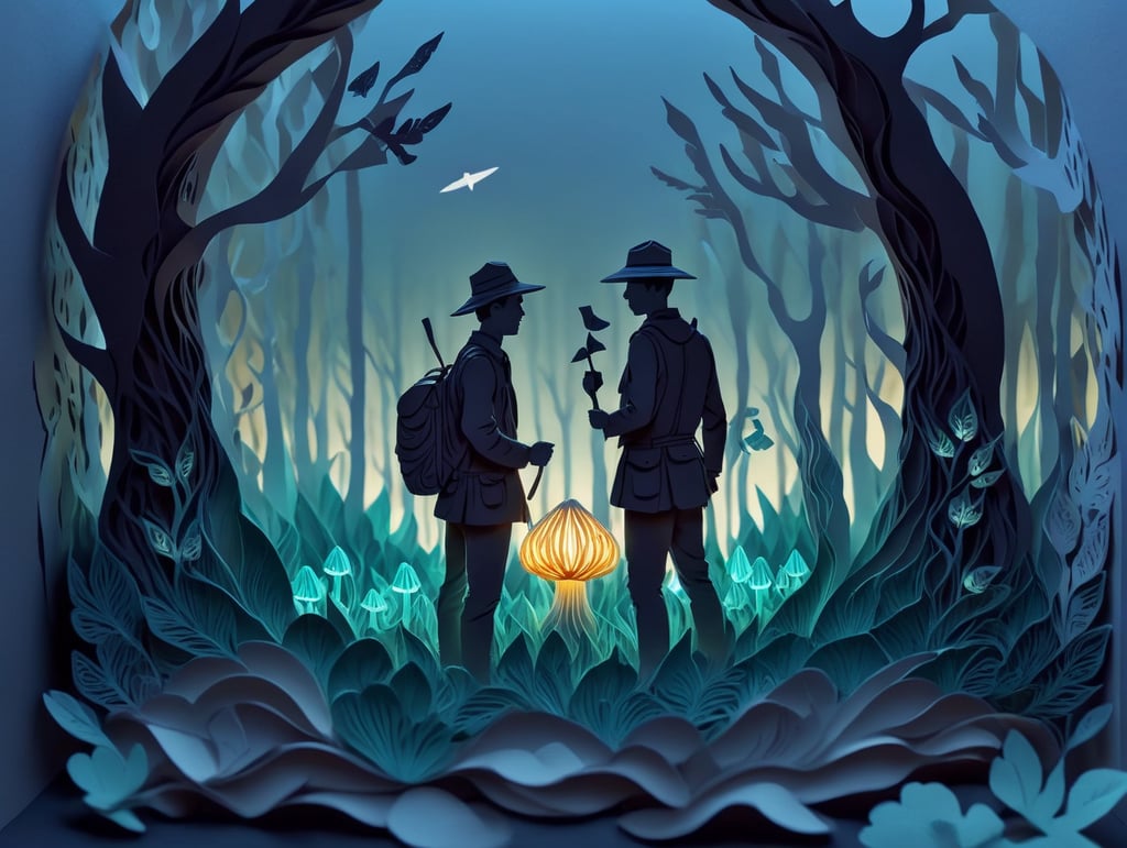 Using only the colors in the reference image, create a landscape of an peaceful and relaxing glowing forest with a single human exploring and glowing mushrooms on the forest floor