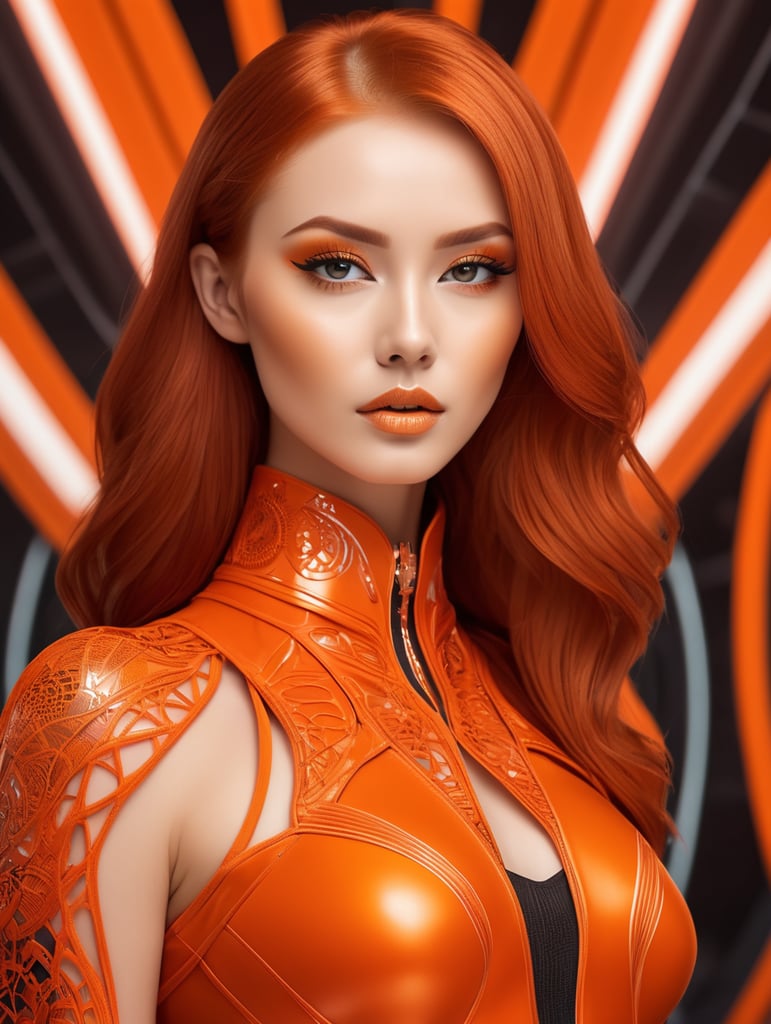 A beautiful redhead female artist all orange sleek futuristic outfit, with intricate patterns, details, design, clean makeup, with depth of field, fantastical edgy and regal themed outfit, captured in vivid colors, embodying the essence of fantasy, minimalist, film grain