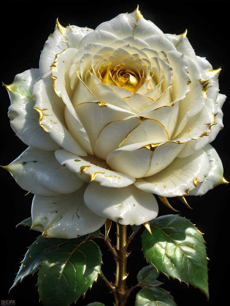 A large white rose with petals outlined in gold with a glistening green stem and big golden thorns