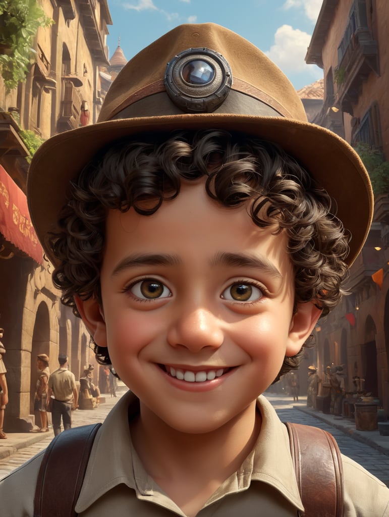 um jovem aventureiro semelhante a Indiana Jones, pessoa criativa e de bom coração, com cabelos pretos encaracolados, olhos grandes, nariz pequeno e uma boca sorridente, centralizado em estilo 3D, renderizado usando uma bela animação da Disney, estilo Pixar, Disney estilo, estilo 3D