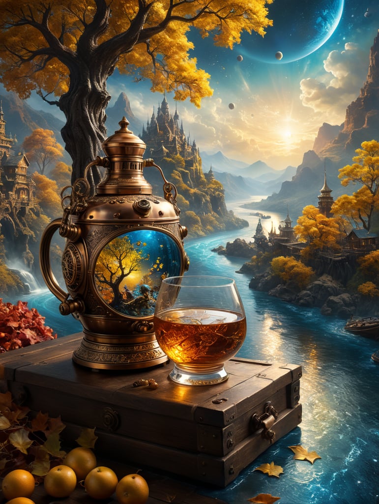 16K ultra cinematic High quality resolution Image, the Flying Dutchman made of detailed wires revealing pistons, detailed motor parts, copper trimmings, (( inside old fashion large glass whisky jug with handle)), In the vast expanse of the cosmos, Above, a mesmerizing tapestry of planets, galaxies, and stars illuminates the scene. Below, a golden street meanders towards a radiant blue glass-colored river. On the right, a multicolored tree bursts with lustrous fruits, adding life to the luminous spectacle, infinite background