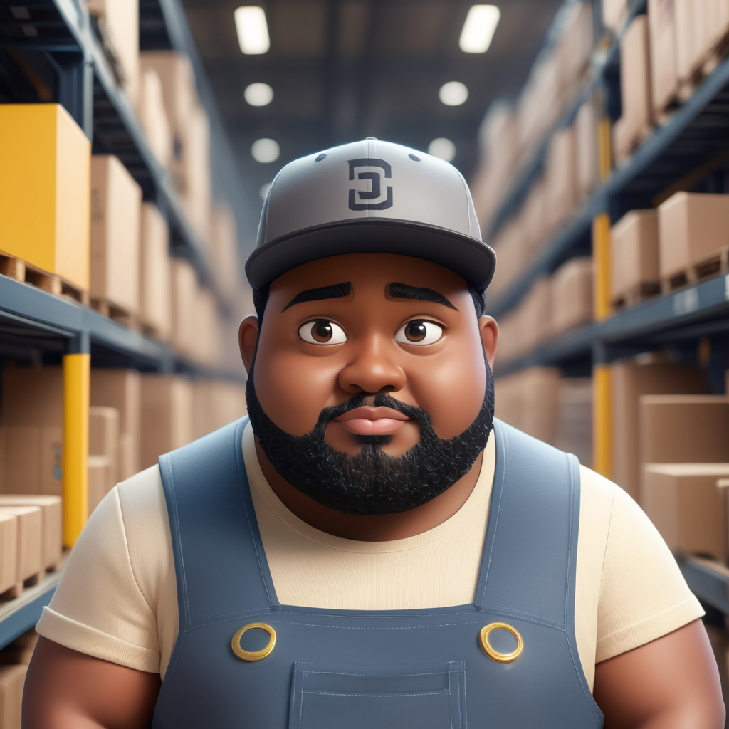 homem negro claro, pouco gordinho, de boné, olhos menores, barba preta, dentro de uma industria com empilhadeiras, estilo disney pixar, 3d