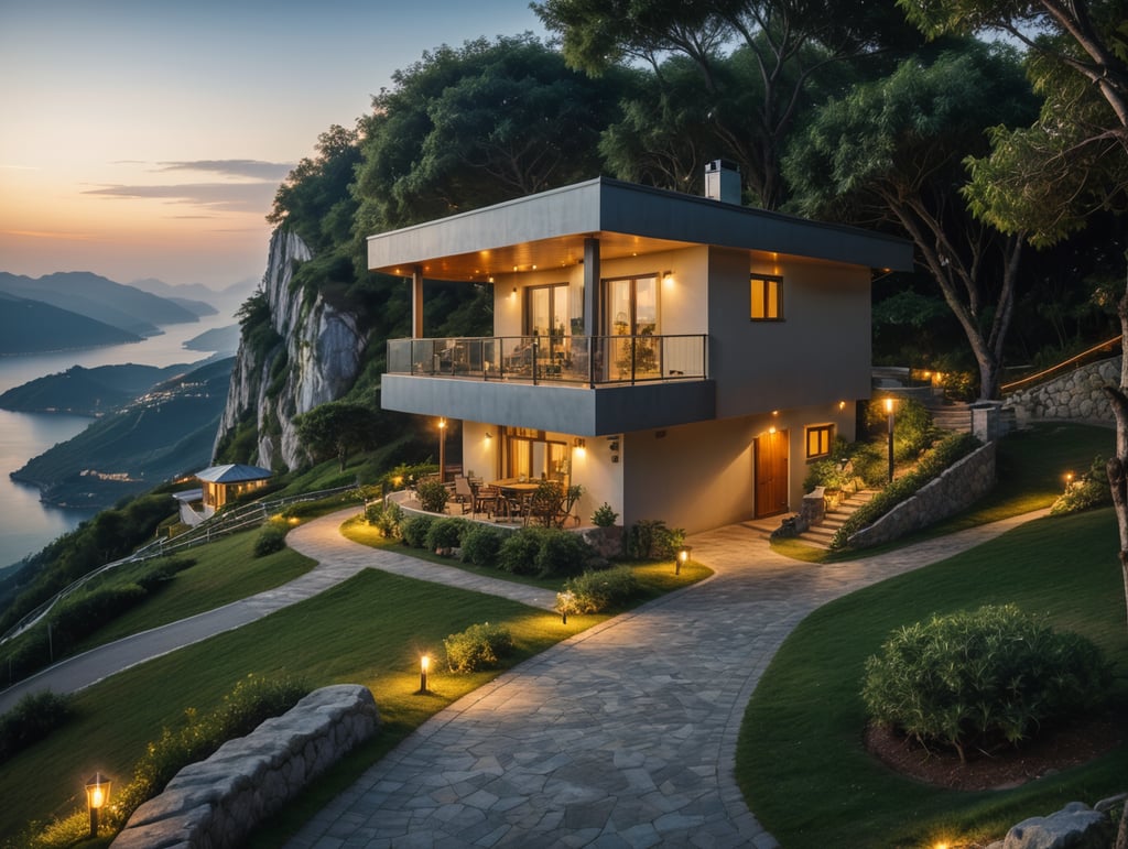 modern small cozy house on the top of a hight mountain with green trees and grass, a road leads to it, views of the village and the sea, photorealistic photo, walk paths, whide relax zone evening lights, lamps garland , wide parking zone
