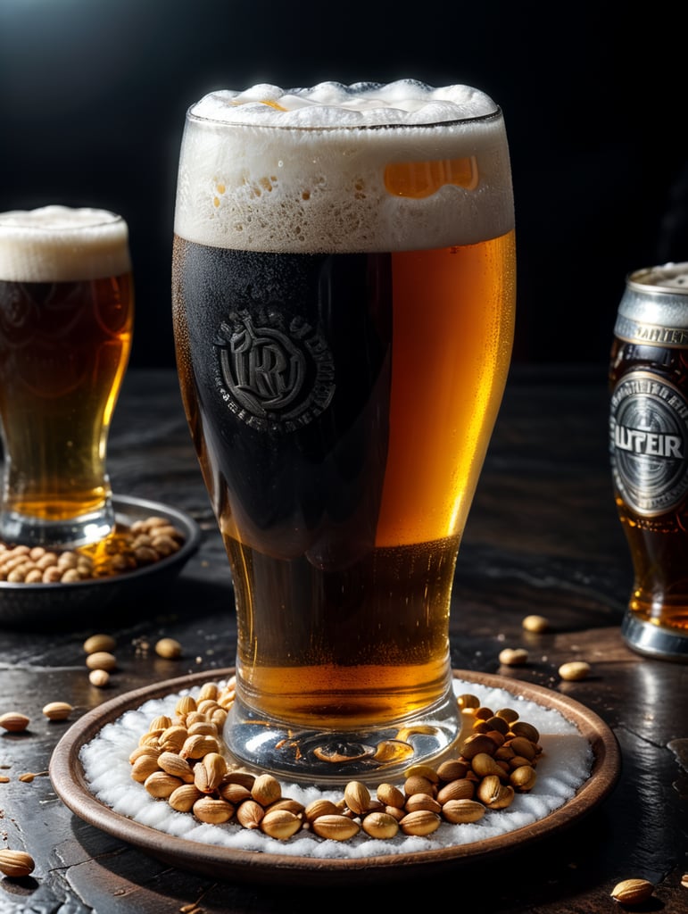small round stainless steel plate filled with dry peanuts, one gorgeous pint of beer, beer swirl inside glass, one inch of white foam on top, transparent beer, frozen glass, advertisement, highly detailed