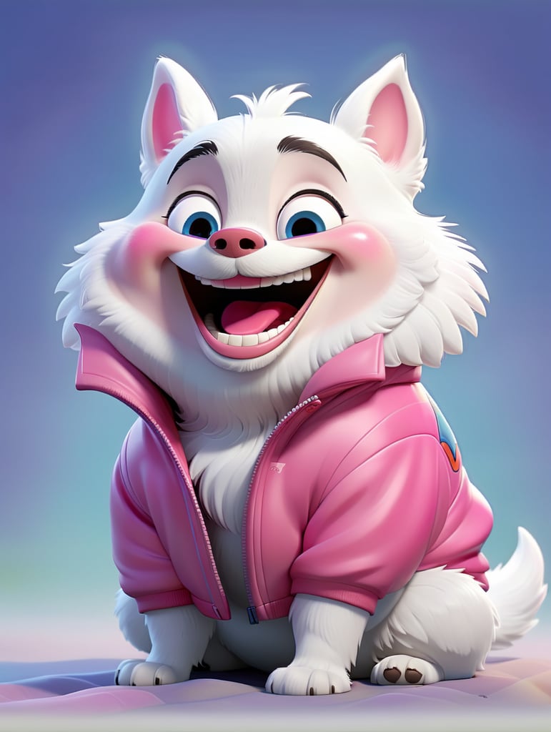 a fluffy, cute, little dog like the reference image, pink fur, big open mouth with large smiling teeth, wearing a pink jacket, frontal, blue ambient background, sitting on the ground, very long big teeth over the top smile