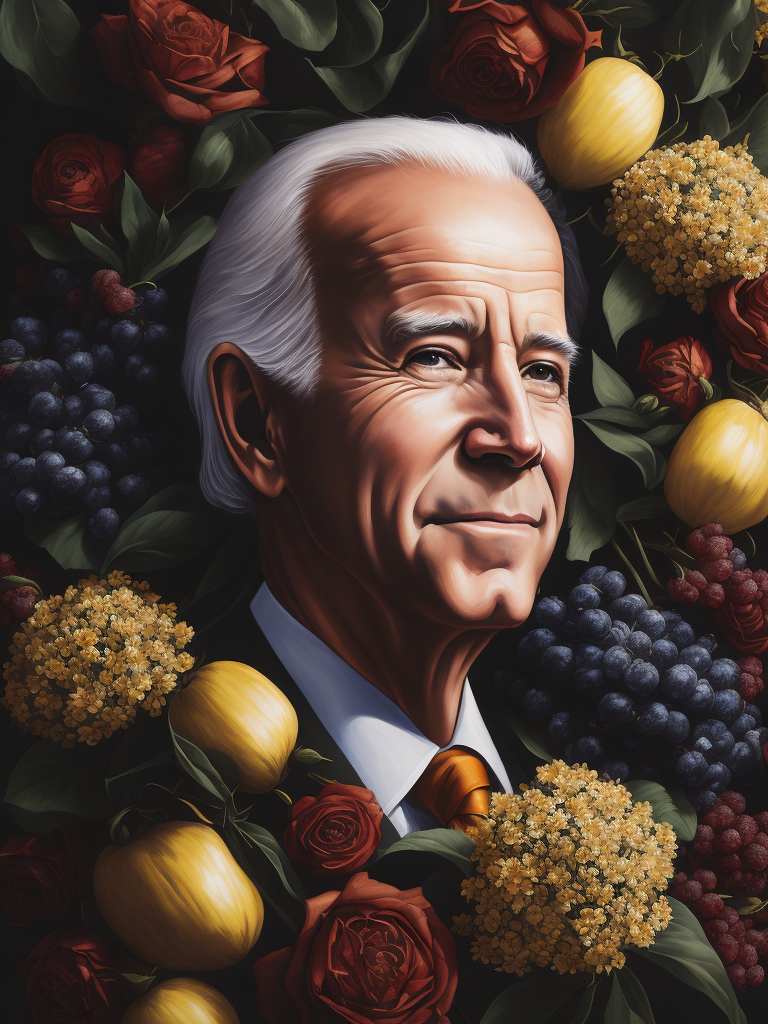 a painting of Joe Biden head surrounded by flowers and fruit, Painting, Oil, Still Life, Botanical, Italy, style of Giuseppe Arcimboldo