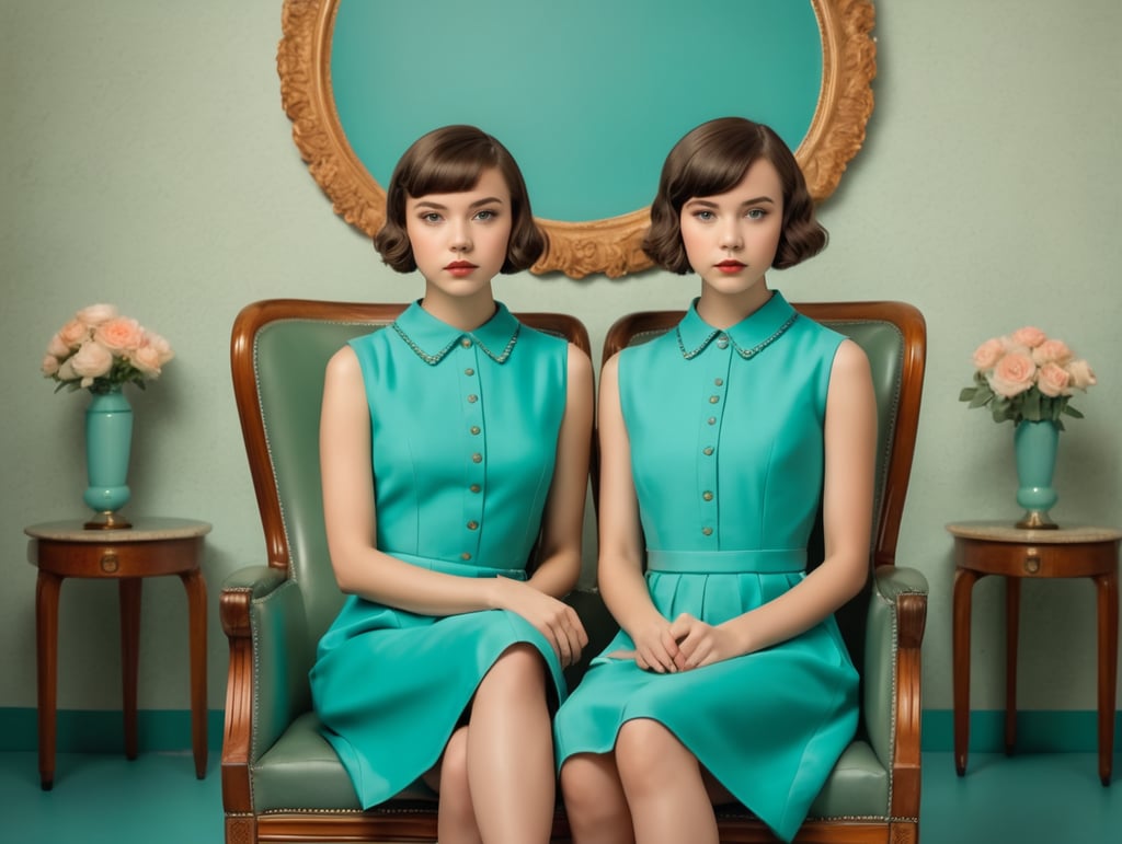 Vintage portrait of two young girls with short hair sitting in chairs, turquoise dress, Wes Anderson style, frontal view, symmetry, Incredibly high detail, Bright colors