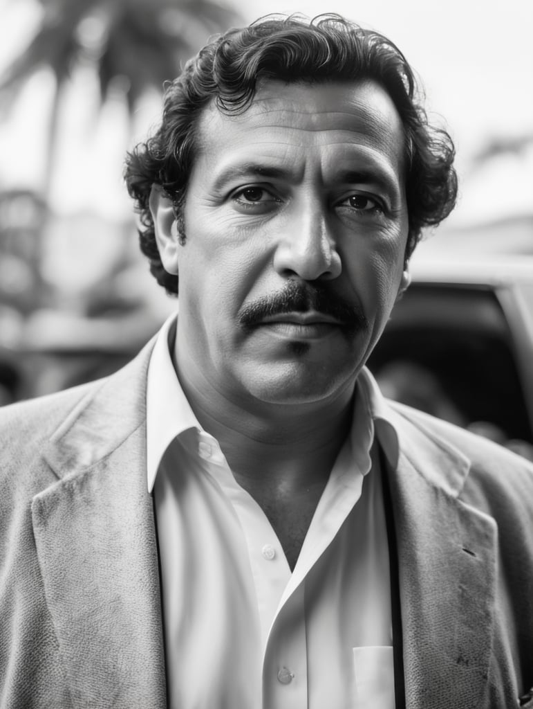 colombian capo the capos pablo emilio escobar gaviria drog lord in colombia, make a portrait, looking at the camera, (HQ skin:1.4), 8k uhd, dslr, soft lighting, high quality, film grain, Fujifilm XT3