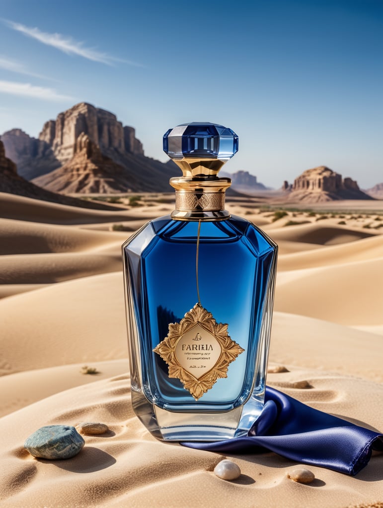 professional photography of a luxury perfume bottle in the desert, Blue satin scarf in the background, no label, clear, mockup