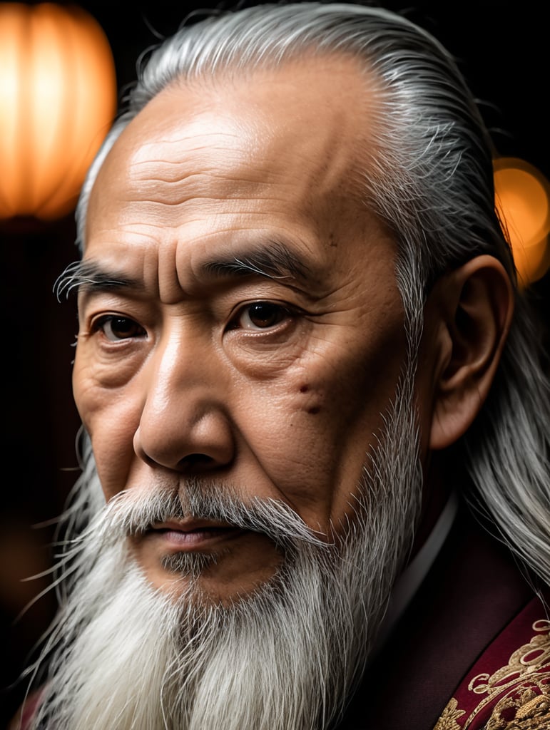 Wise old japanese man from tokyo with a long white beard, intricate, sharp focus, fantasy, cinematic lighting, other worldy, surreal 8k photo, dark moody aesthetic