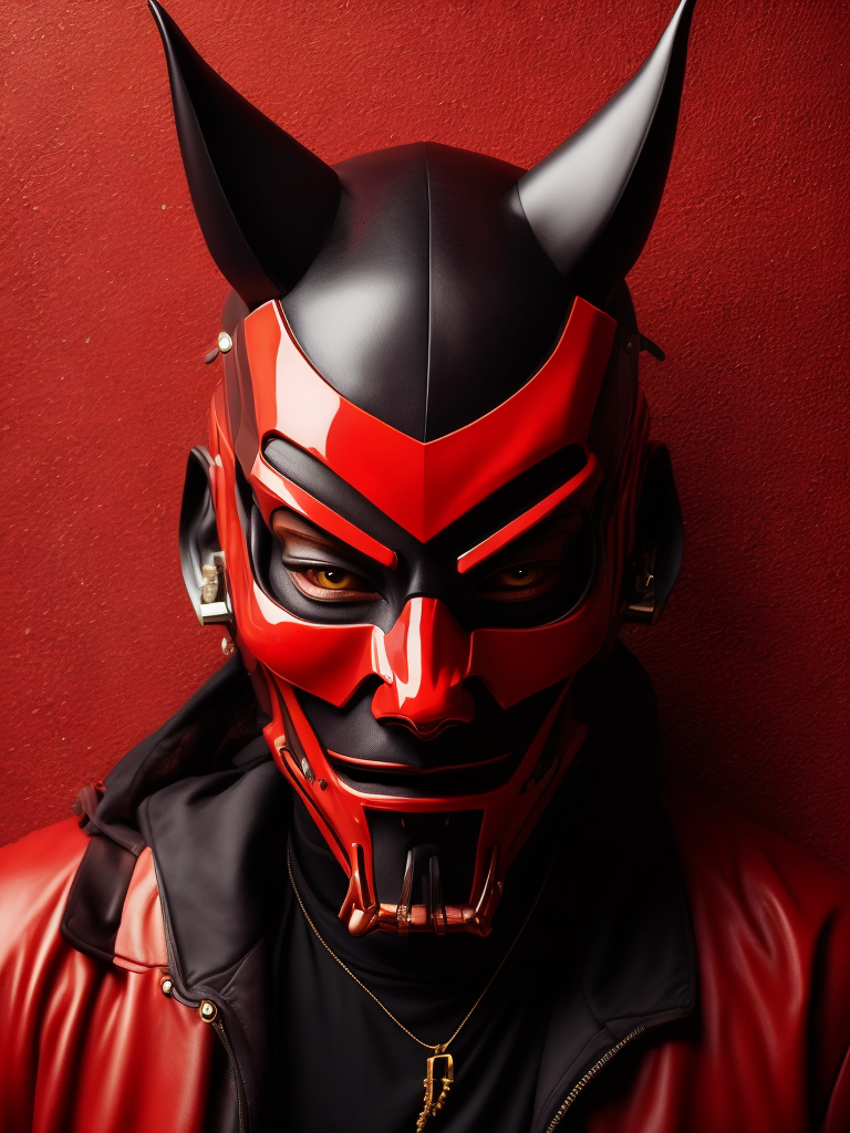 The hannya Samurai cyberpunk porcelain mask, fashion photoshoot, liquid red background