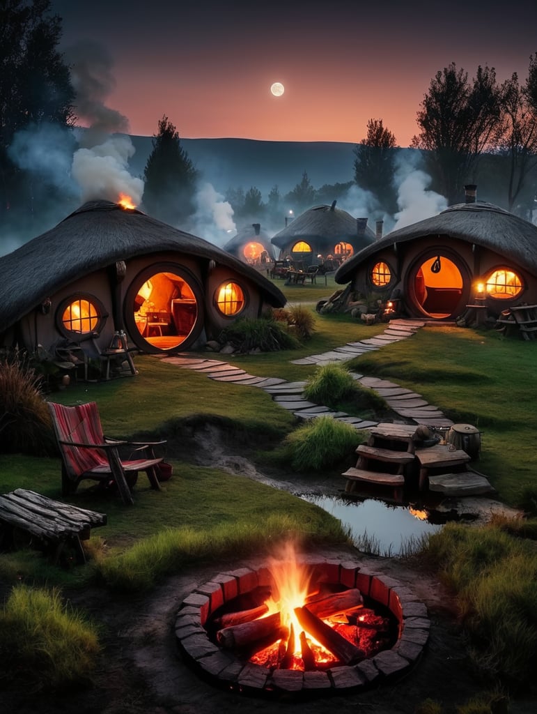 Magic hobbits village at night, bog moon, camp fire, smoke