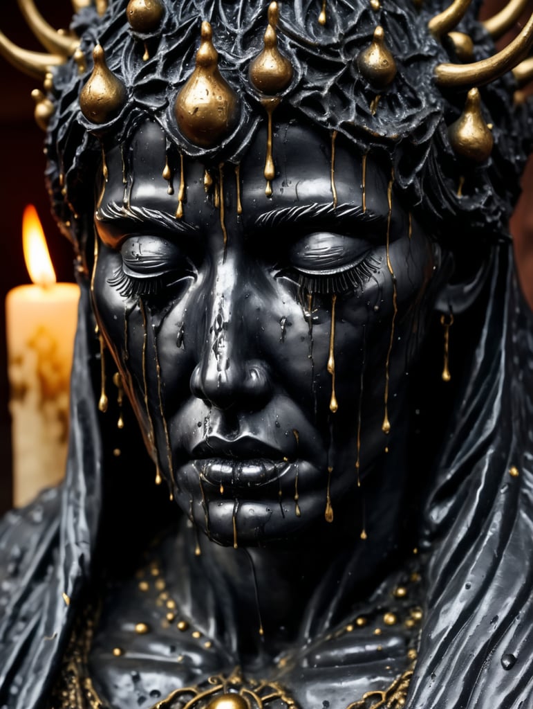 a photo of the statue of the personification of grief covered with candles and hot wax, covering the face with its hands, black tears dripping from the cheeks, the whole statue is covered in dense cobwebs and grease, higly detailed, black isolatet cave, tarnished, grunge, glowing cracks