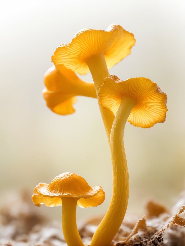 Macro photo of a golden chanterelle mushroom, yellow, forest