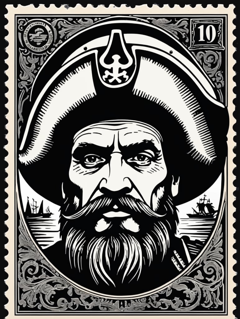 Black and white linocut postage stamp old pirate thick bold dark lines