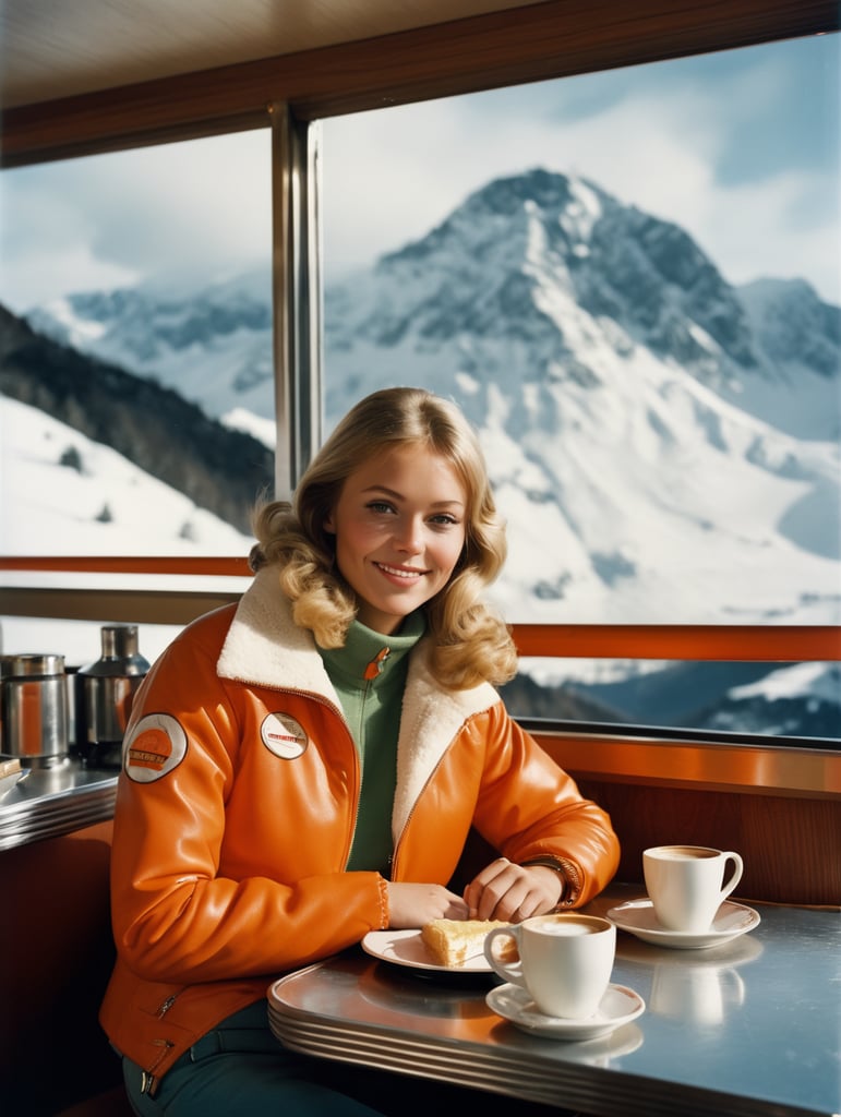 A beautiful Dutch girl girl in a 70’s mountain top diner. A slice of hot pie with cream and a coffee on the table she is sat at. She is wearing an orange ski jacket. Reportage shot. Canon with Kodak film. Telephoto