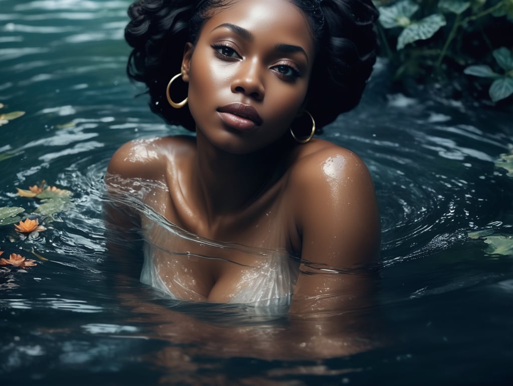 Create the image of a fair complexion Nigerian maiden swimming away in the depth of the water, she is covered by the water, she is at the bed of the river, her damp hair touching her back and shoulder, image should be taken from a distance, image should capture her inside the water, surrounded by water plants, image should be very epic and realistic with full colurs