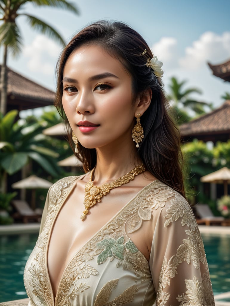 Indonesian-Chinese woman who typically lives in west Jakarta. Make it as attractive as possible with designer clothing. Posing in a poolside near a beach like Bali