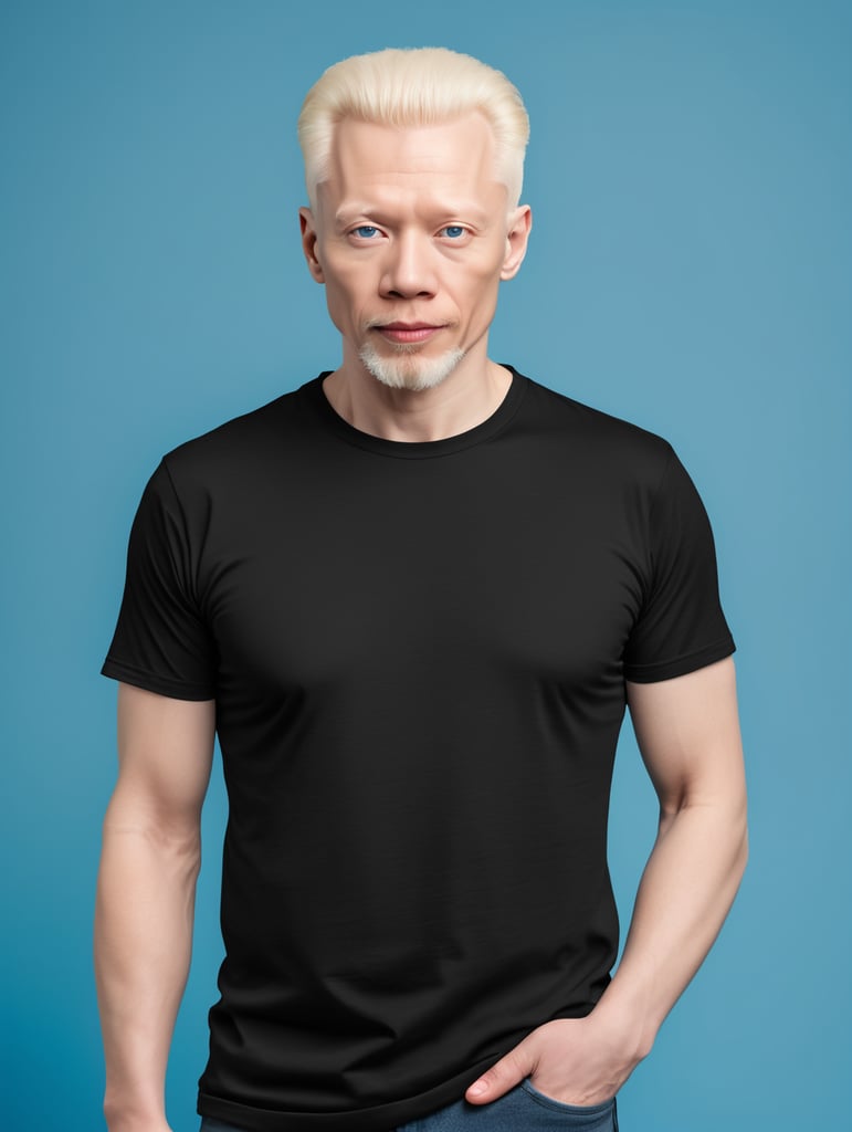 A middle-aged albino man wearing a black T-shirt, isolated, blue background, mockup, mock up