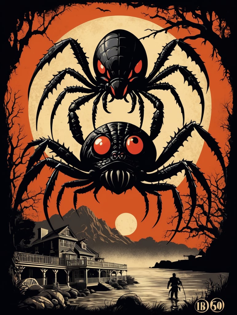1950's b-movie horror halloween t-shirt print design featuring a giant crab and black widow spider