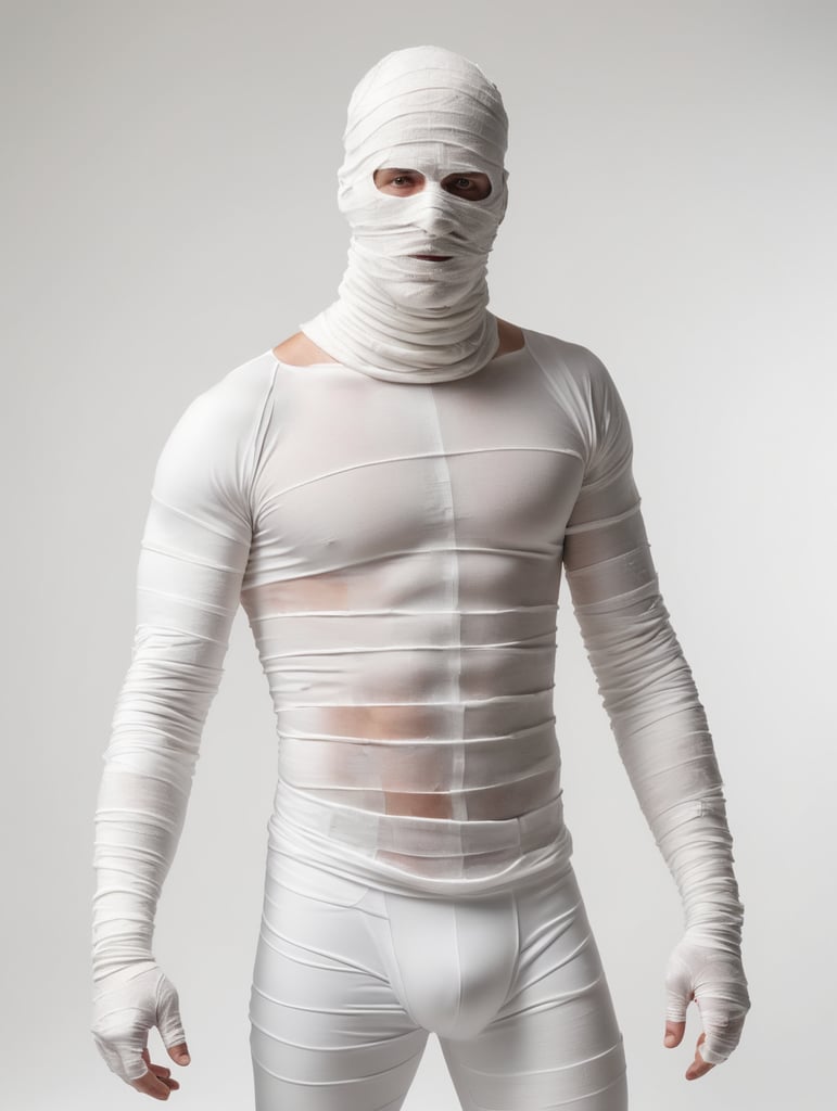 A photograph of man covered in bandages with realistic style, halloween costume, white background, full body, show hands, show neck and head