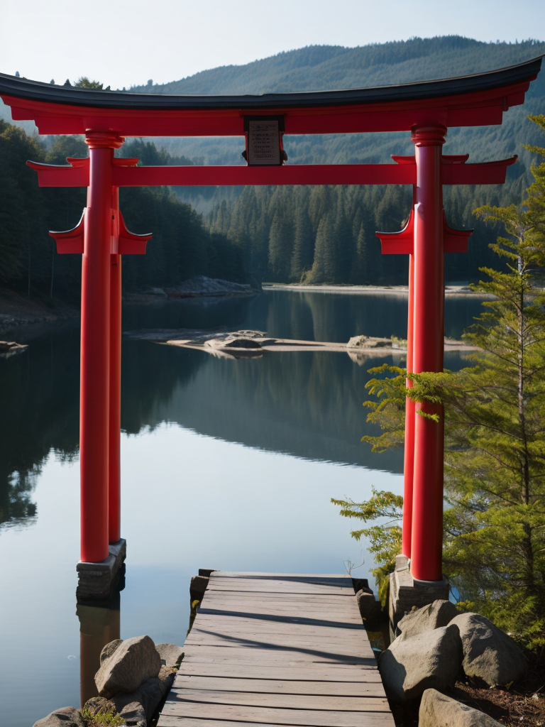 Red torii gate in middle of a lake, Dense forest on the edge of the lake, Bright and saturated colors, Japanese culture, photorealistic, contrast light