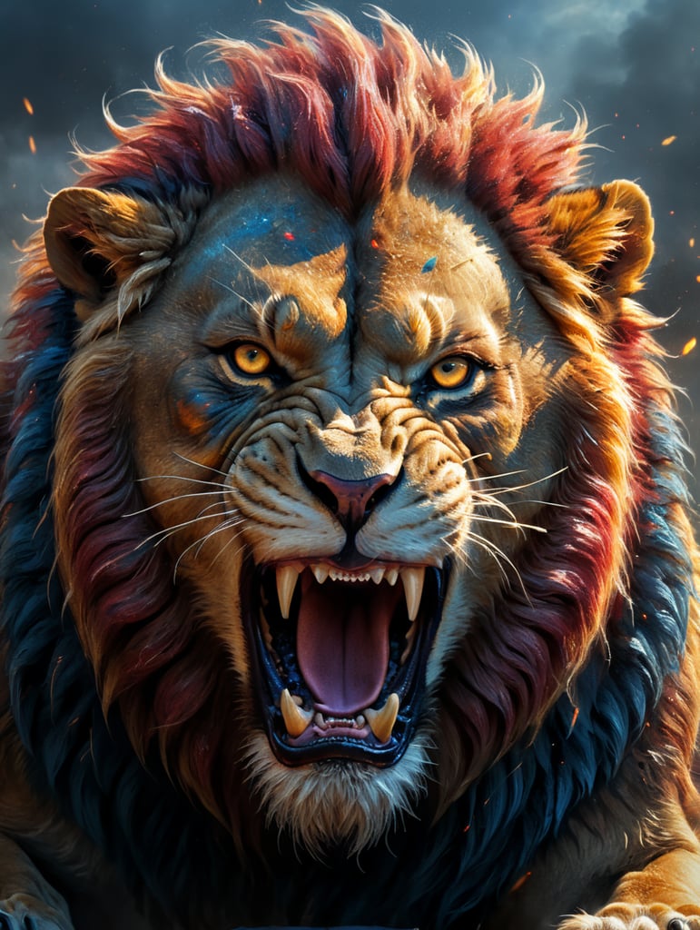 lion wildlife firestorm maroon blue gold fierce snarling realistic illustration