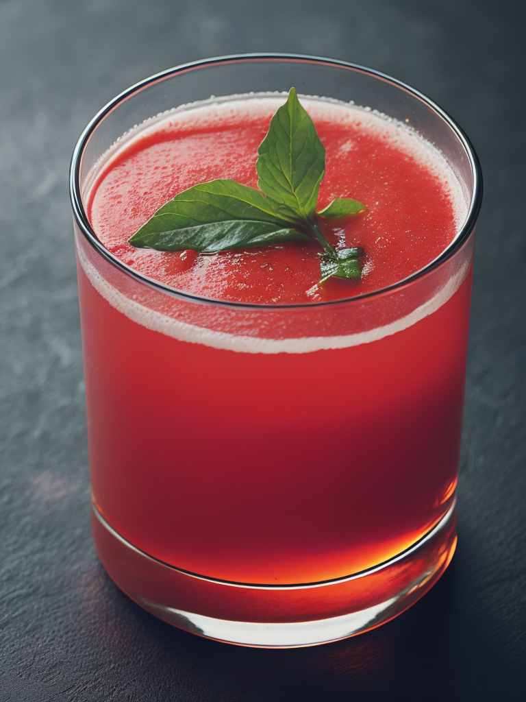 a glass of tomato juice with green leaves on top