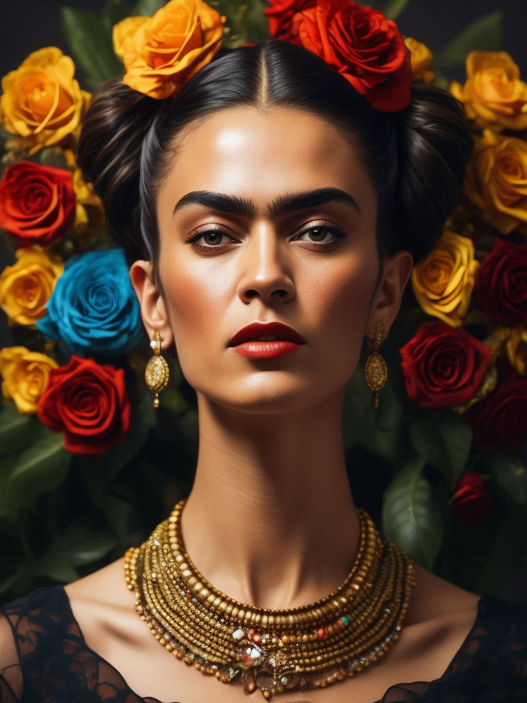 Portrait of Frida Kahlo, bright and saturated colors, elegant, highly detailed, vogue, fashion magazine, sharp focus, bright expressive makeup, dramatic lighting, depth of field, incredibly high detailed, blurred background'