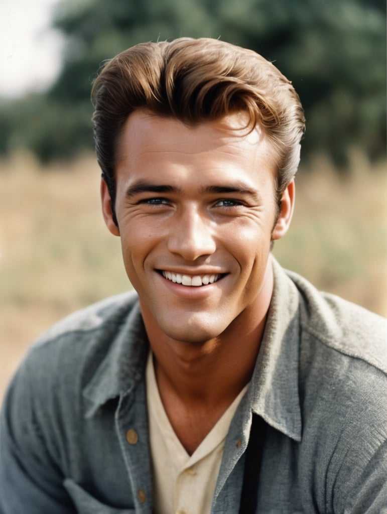 white, 17-year-old male.he has a heart shaped face, soft jaw, no facial hair and a slightly upturned nose. His lips are on the thinner side, but not super thin. His eyes are a beautiful brown shade.He has short medium honey blonde hair styled with grease, kind of resembling Elvis guy Madison. He has freckles on the face from spending time in the sun and deep dimples on both sides of his mouth. He looks happy, like sunshine. Laughing maybe He wears an old flannel over a white tshirt. set in Tulsa, OK, 1965.