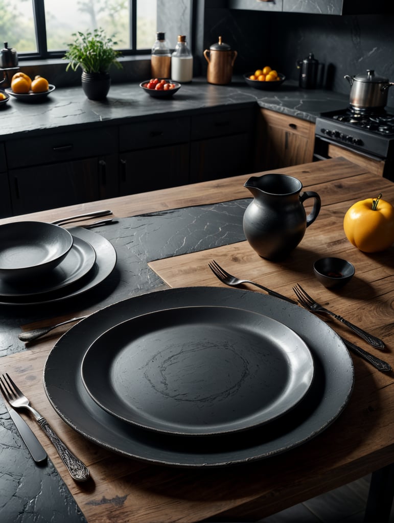 modern kitchen table, empty plate, mockup