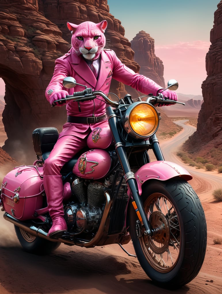 pantera color de rosa andando de moto, el fondo es una carretera desertica
