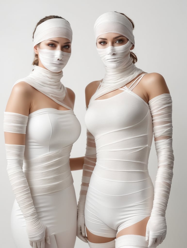 A photograph of women covered in bandages with realistic style, halloween costume, white background, full body, show hands, show neck and head