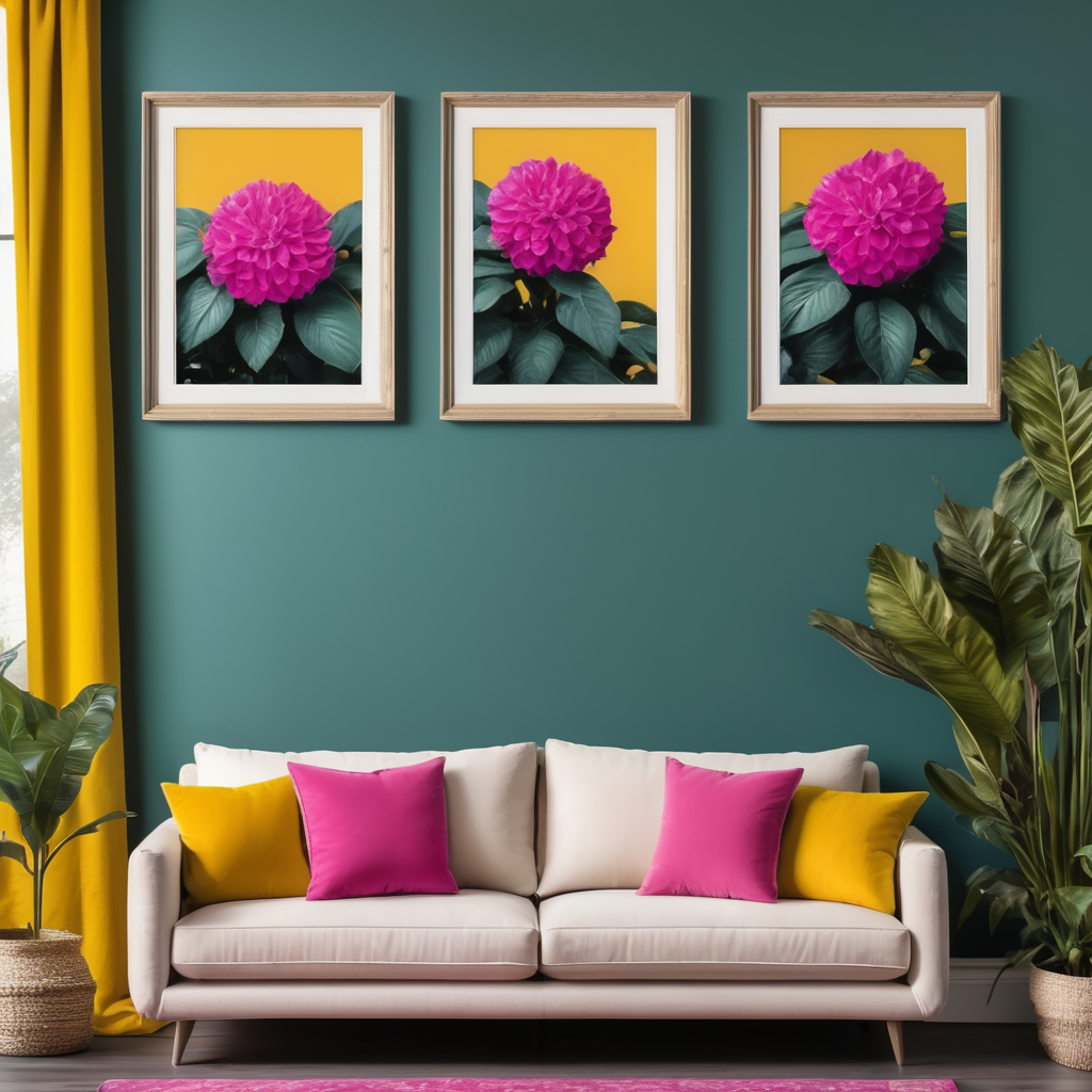 Mockup for two frames of 24x36 in. posters, hanging on a wall painted dark teal color, in a french modern country style livingroom, hot pink sofa and yellow pillows, many plants and flowers, bright livingroom