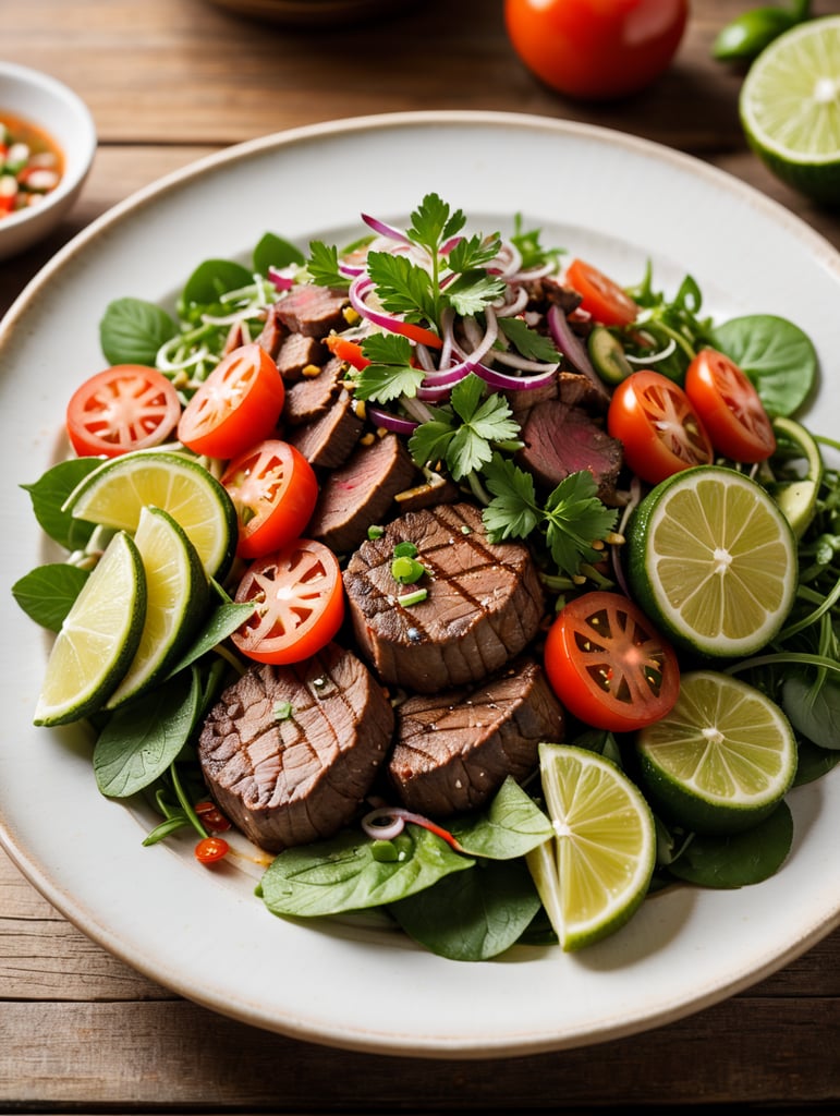 Thai Beef Salad (Yam Nua), small plate on a wooden table, Description: A zesty Thai salad featuring grilled beef, mixed with fresh herbs, cucumber, red onion, and tomatoes, and dressed with a tangy lime dressing.