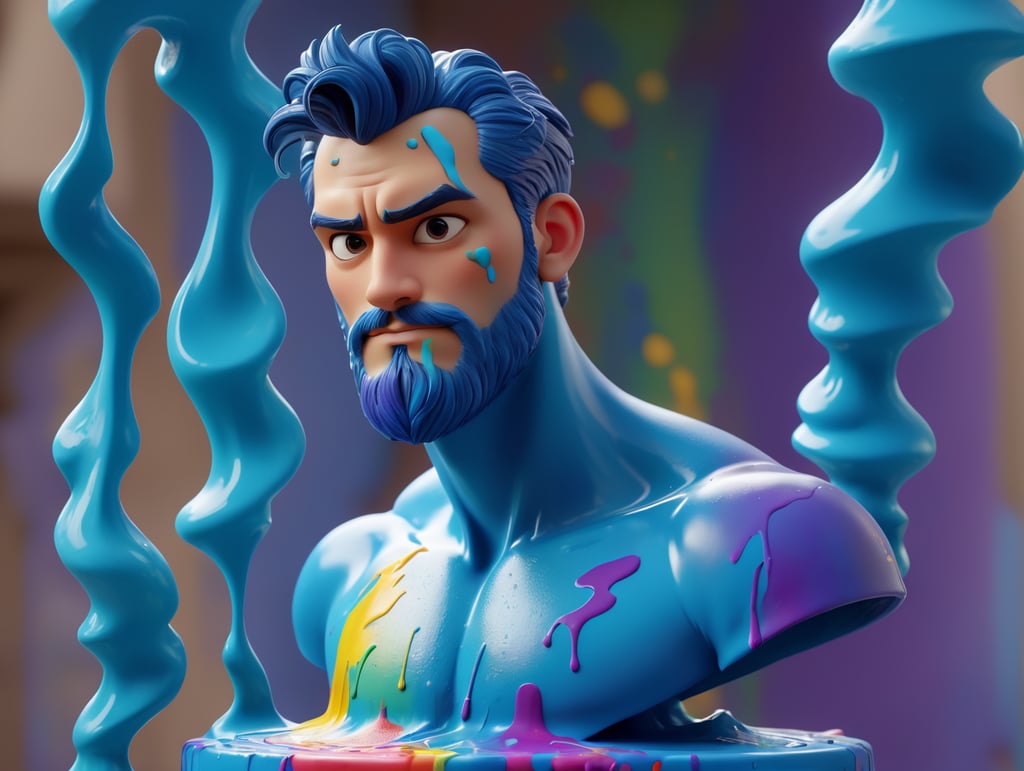greek male bust with colorful paint, melted, the paint is flowing, aesthetic background