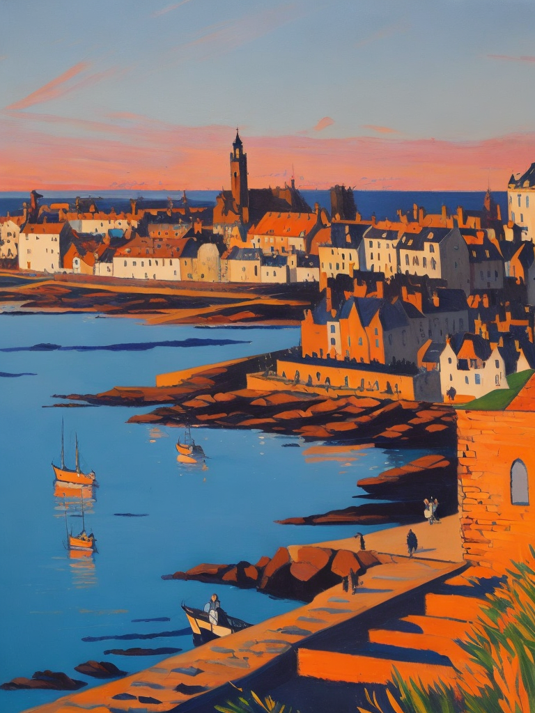 A painting by Andre Lhote. A painting of Dunbar Harbour at sunset captures the tranquil beauty and historic character of this Scottish harbor through an engaging fusion of Cubist and Fauvist styles. The peaceful waterfront, lined with fishing boats and surrounded by ancient castle ruins, is depicted using bold, fragmented shapes, while the surrounding rocky coastline and calm sea are rendered in warm hues of orange, pink, and purple. The scene conveys a sense of nostalgia and maritime heritage, reflecting the essence of Dunbar Harbour at sunset.