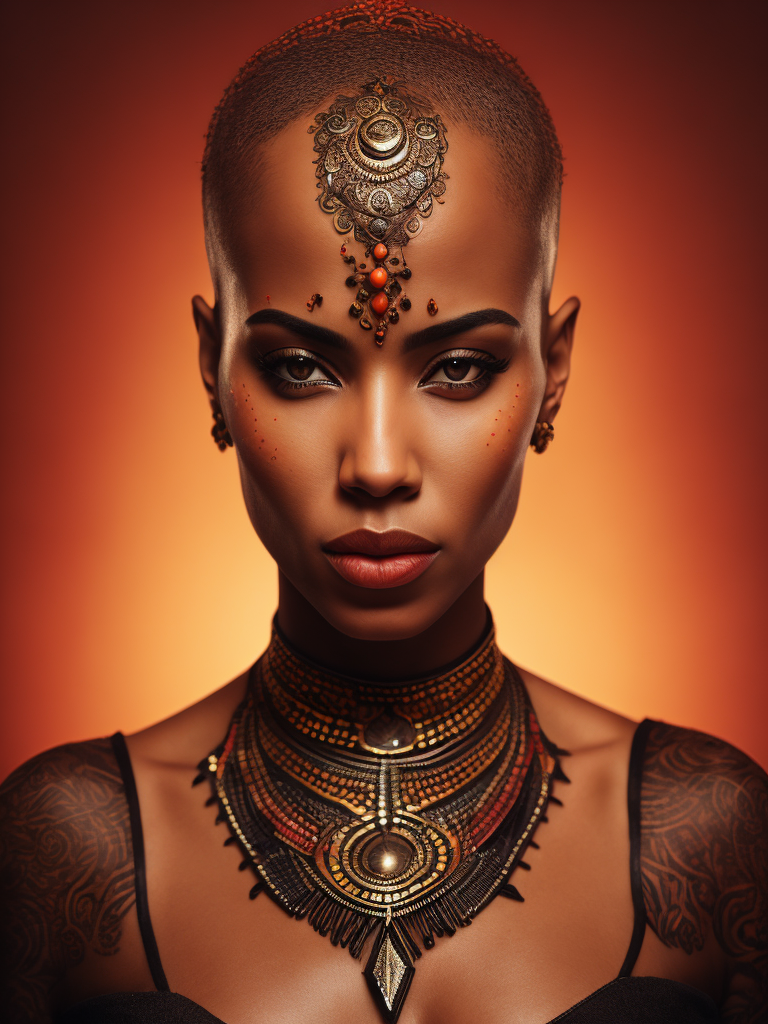 studio portrait of beautiful north African woman with bald head, her face and skin is completely covered with intricate tribal henna tattoos, studio lighting red reflection