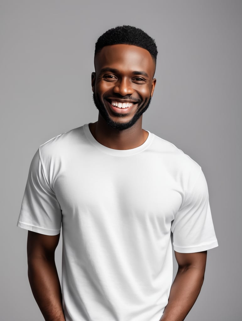 a black African man wearing white t-shirts, standing in front of black background, blank shirt no print, smiling, photo for apparel mock-up