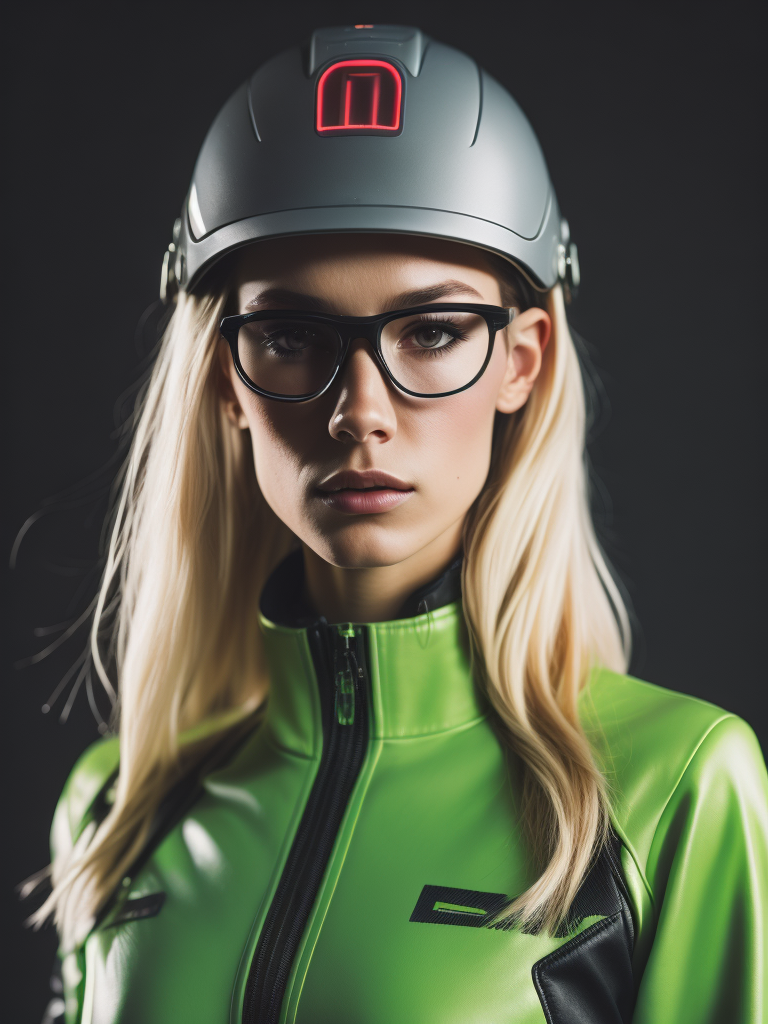 a female supermodel 24 years old wearing a neon green helmet dressed in athletic clothing and glasses, in the style of futuristic glam, retro futurism, neon green clothing, glasses without color, clear glass, long blond hair, blonde girl, teal background, mike campau, anton fadeev, high gloss, mono-ha