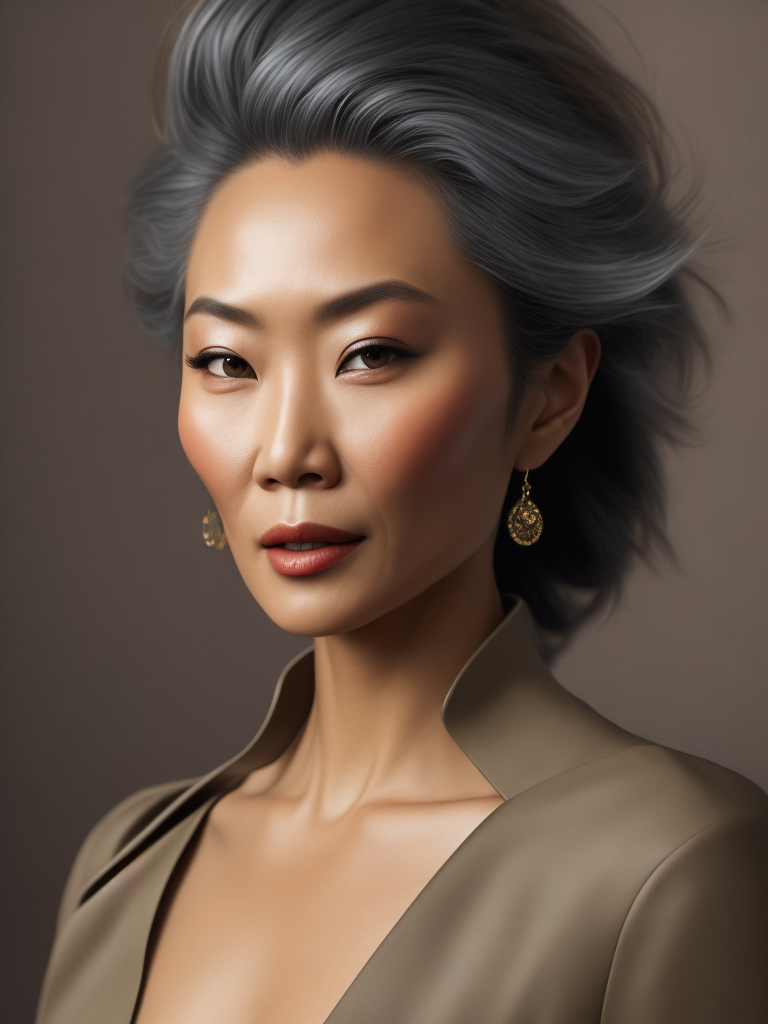 A 40yr old Chinese supermodel with classic natural Chanel make-up and beautifully styled hair, beautiful pores and skin texture, wearing plain neutral colour top with open neckline, detailed high resolution image, grey hair, natural Clinique style image, soft lighting, gentle expression, she is content with her age