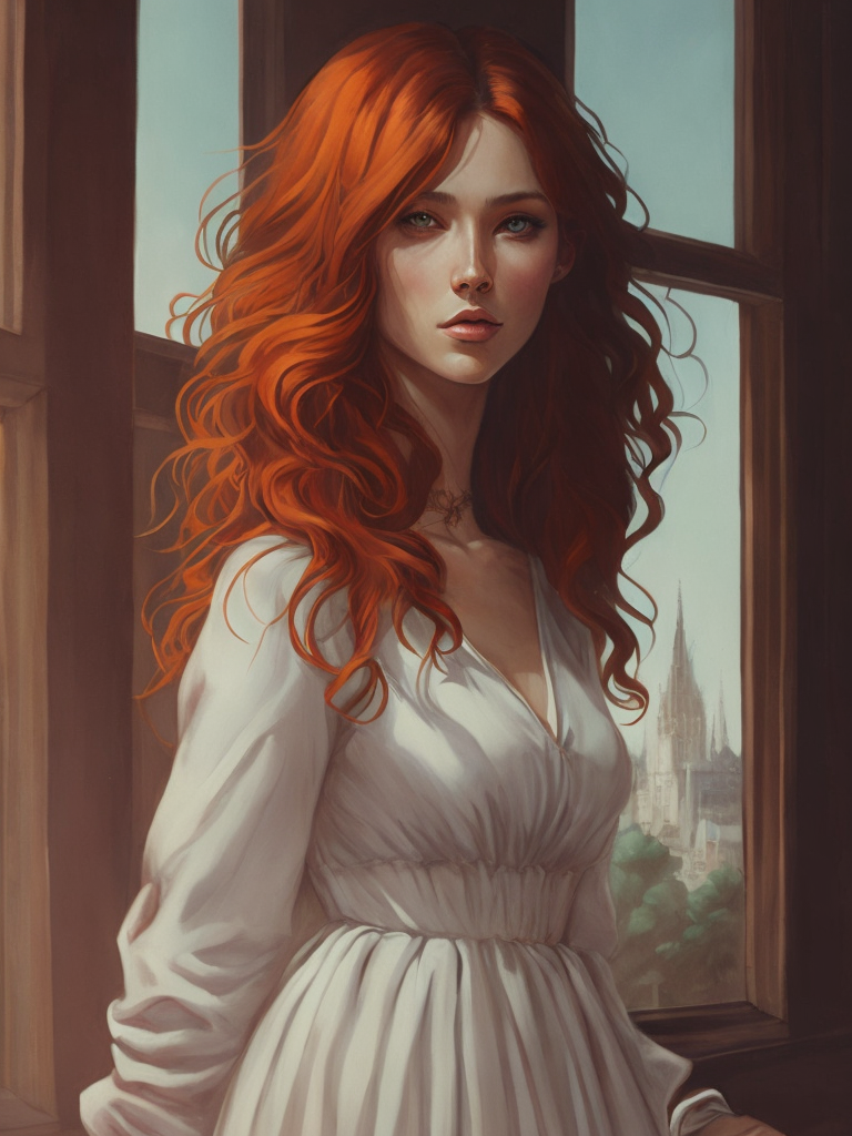 Portrait of a red-haired young girl in front of a window, vintage dress, 15th century, painting, oil, Italy, stvle of Sandro Botticelli, illustration,
