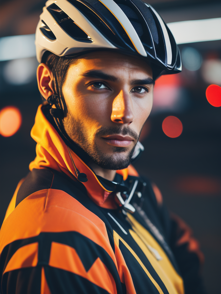 Portrait of a cyclist, bright and saturated colors, highly detailed, fashion magazine, sharp focus, Dramatic Lighting, Depth of field, Incredibly high detailed, blurred background