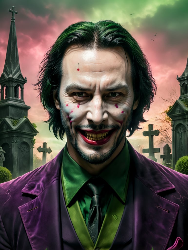 Portrait of Keanu Reeves in a joker costume for Halloween, scary makeup on his face, dark atmosphere, vintage style, green and pink colors, highly detailed photo, professional photo, against the backdrop of an old creepy cemetery, contrasting light, bright colors