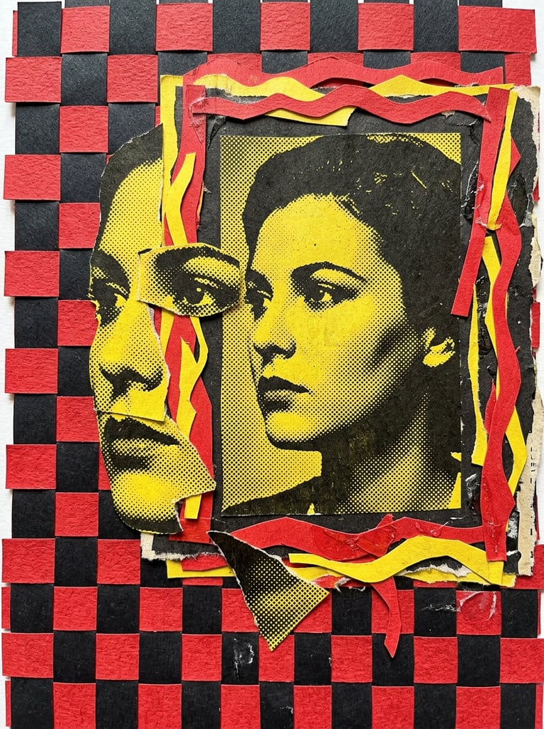 mixed media paper collage, yellow and black halftone portrait framed by wavy red and yellow cutouts, woven black and red paper checkerboard overlaid with a fragmented yellow halftone profile face, tactile pop art aesthetic, high contrast