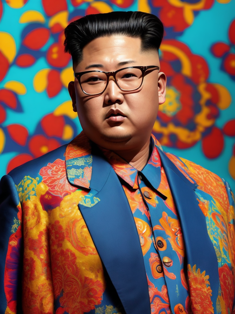 Kim Jong Un wearing a brightly patterned jacket and wayfarer glasses, Vivid saturated colors, Contrast color