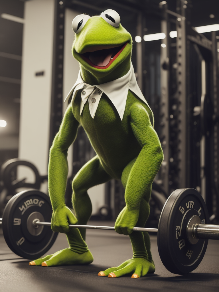 Kermit the frog doing deadlifts at the gym