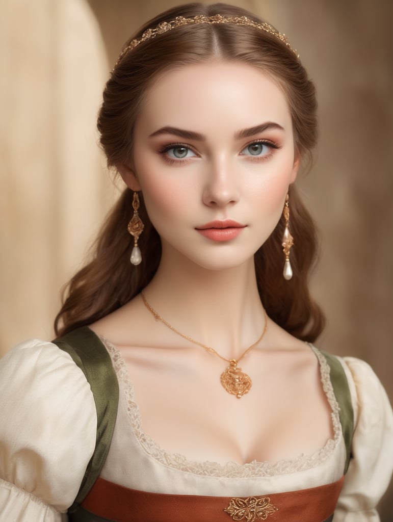 Create a softened depiction of a girl resembling Leah McNamara, dressed in a medieval maid's outfit with neatly tied hair. Apply a moderate amount of makeup, featuring subtle orange tones on the cheeks, natural-looking eyebrows, and a gentle downward gaze. Keep the overall makeup light, with a touch of foundation for a soft and natural appearance. The lips can be painted in a gentle, neutral tone, while the eyes receive a light touch of eyeshadow and eyeliner for a more subdued effect. Strive for a sweet and approachable look, maintaining the essence of a medieval maid-inspired appearance with a milder and more charming touch.