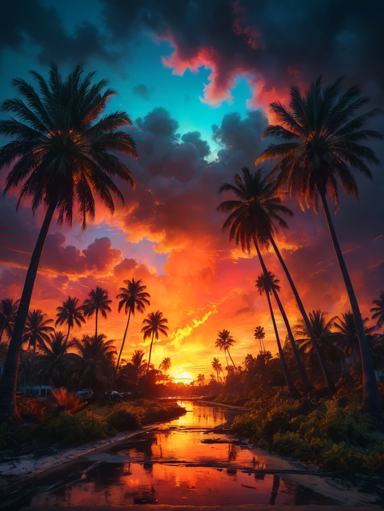 Florida sunsets and palm trees on fire, neon vibrant colors,